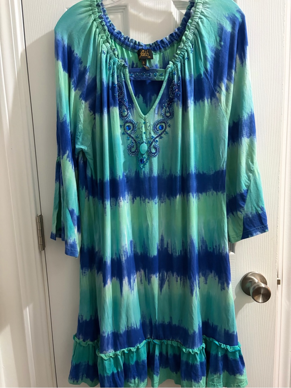Faith Boho  Embellished Aqua & Blue Tie-Dye Tunic